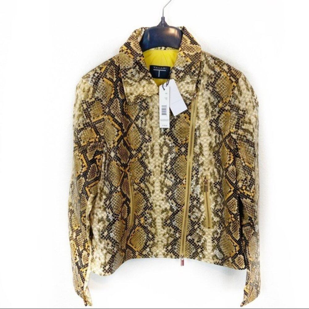 Snakeskin Moto Jacket Tahari Yellow Black Brown Biker Chic Vegan Leather sz XS